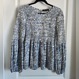Ivanka Trump Blue & White Smocked Balloon Sleeve Blouse - M